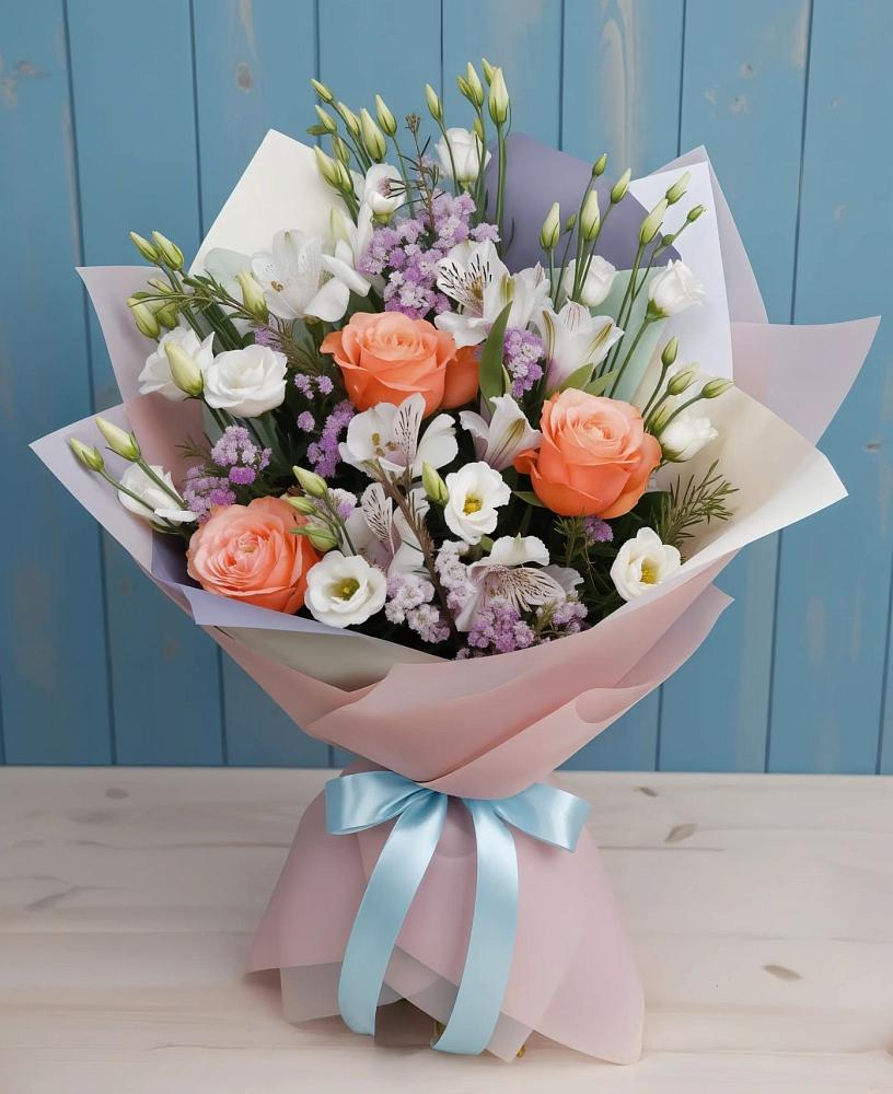 Букет цветов из: Лизиантусы, Розы, Альстромерии и Гипсофила в Нартан